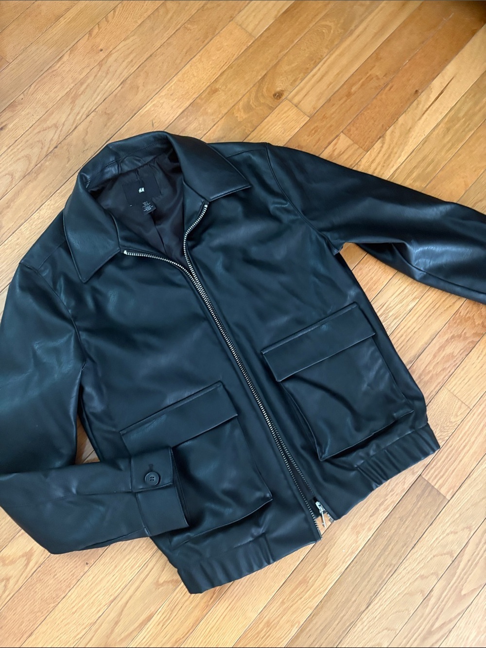 H&M Black Faux Leather Bomber Jacket